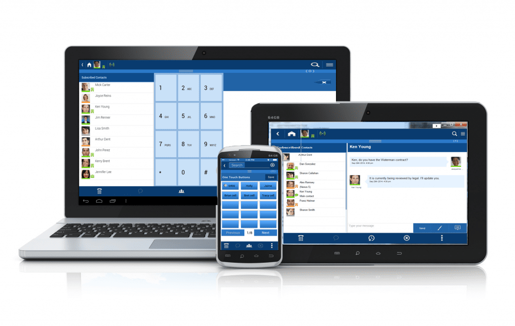 laptop, tablet and cell phone with unified communications application on the screens.