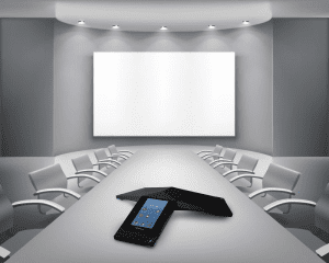 conference room with projector screen and polycom conference phone