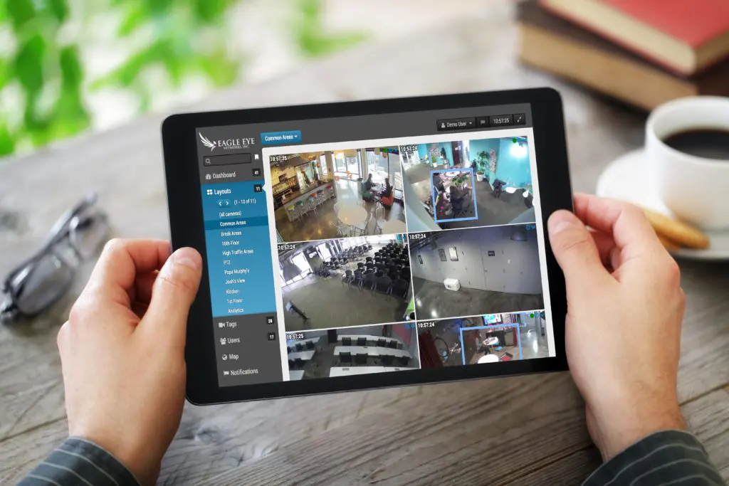 Tablet displaying Eagle Eye's cloud video security camera system interface in Washington DC.