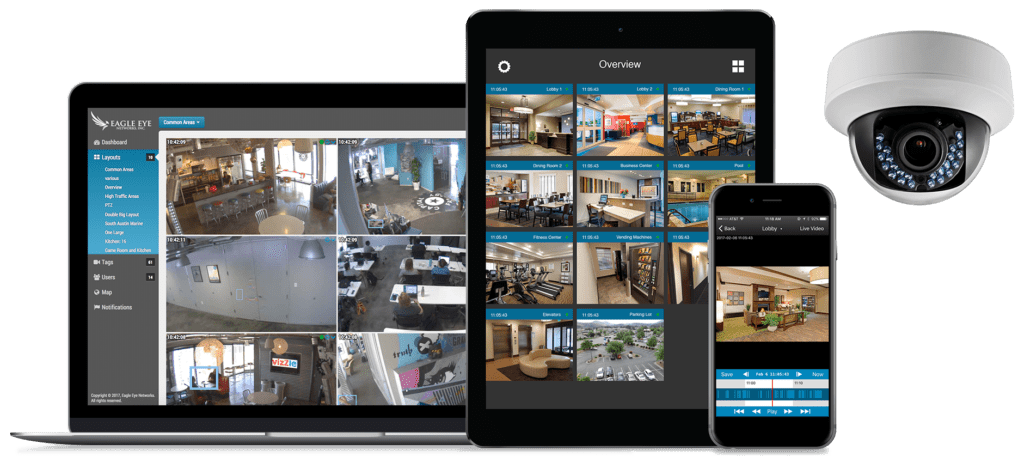 Eagle Eye Cloud Video Surveillance Camera Management System displayed on multiple devices including iOS and Android.