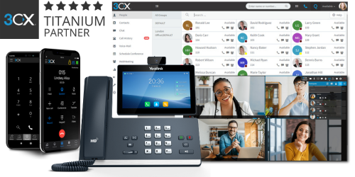 3CX cloud phone system's mobile apps, desk phone, video conferencing and web client screenshots.