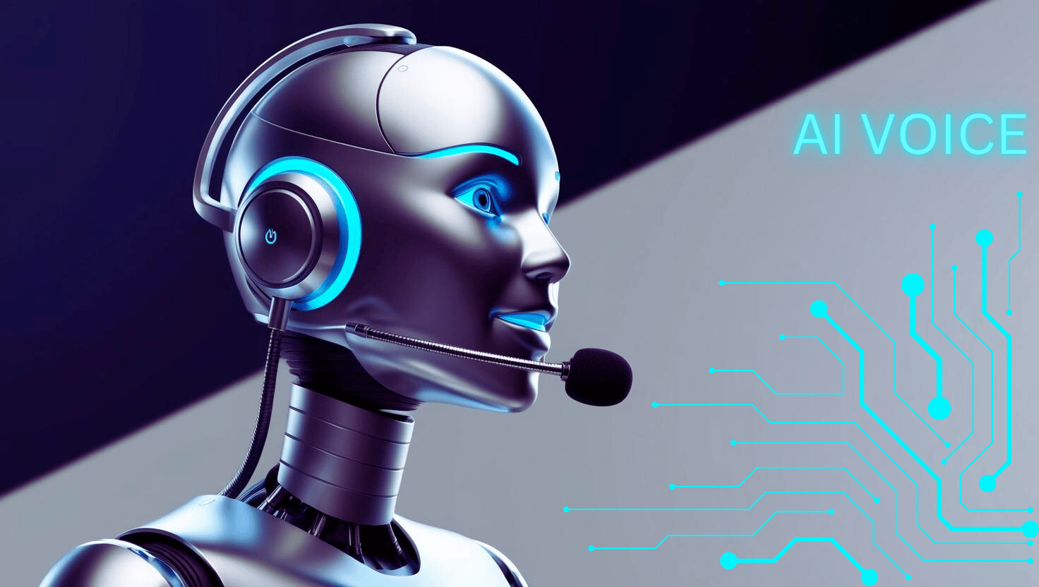 AI robot with headset on using AI voice technology to communicate.