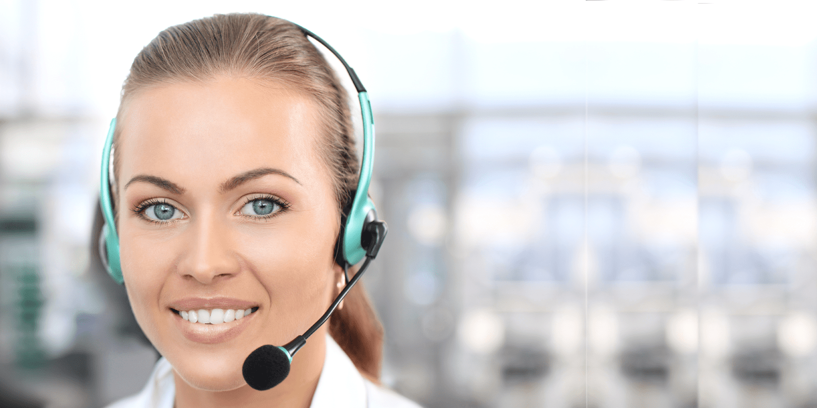 Call Center agent taking calls on her business headset.