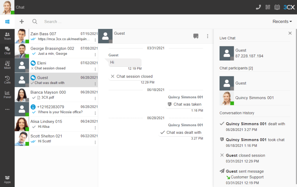 3CX web client with chat sms messaging management screen